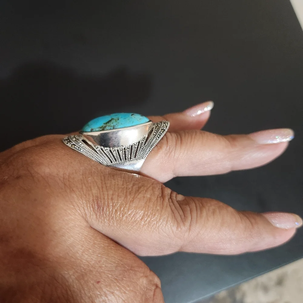 Sterling silver oval turquoise and marcasite‎ ring
